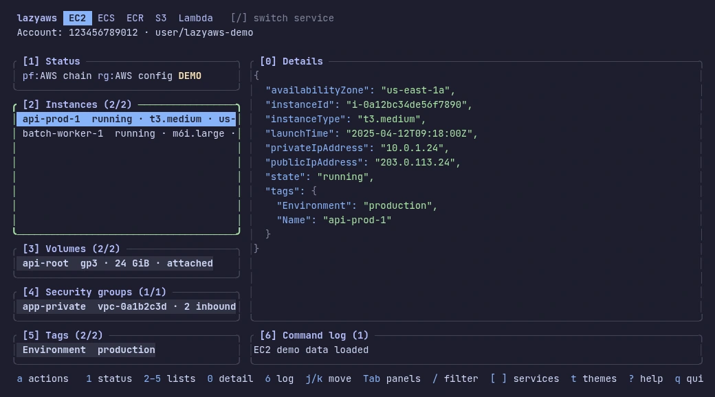 Real Lazy AWS EC2 demo. Resource lists appear beside the selected resource’s JSON details.